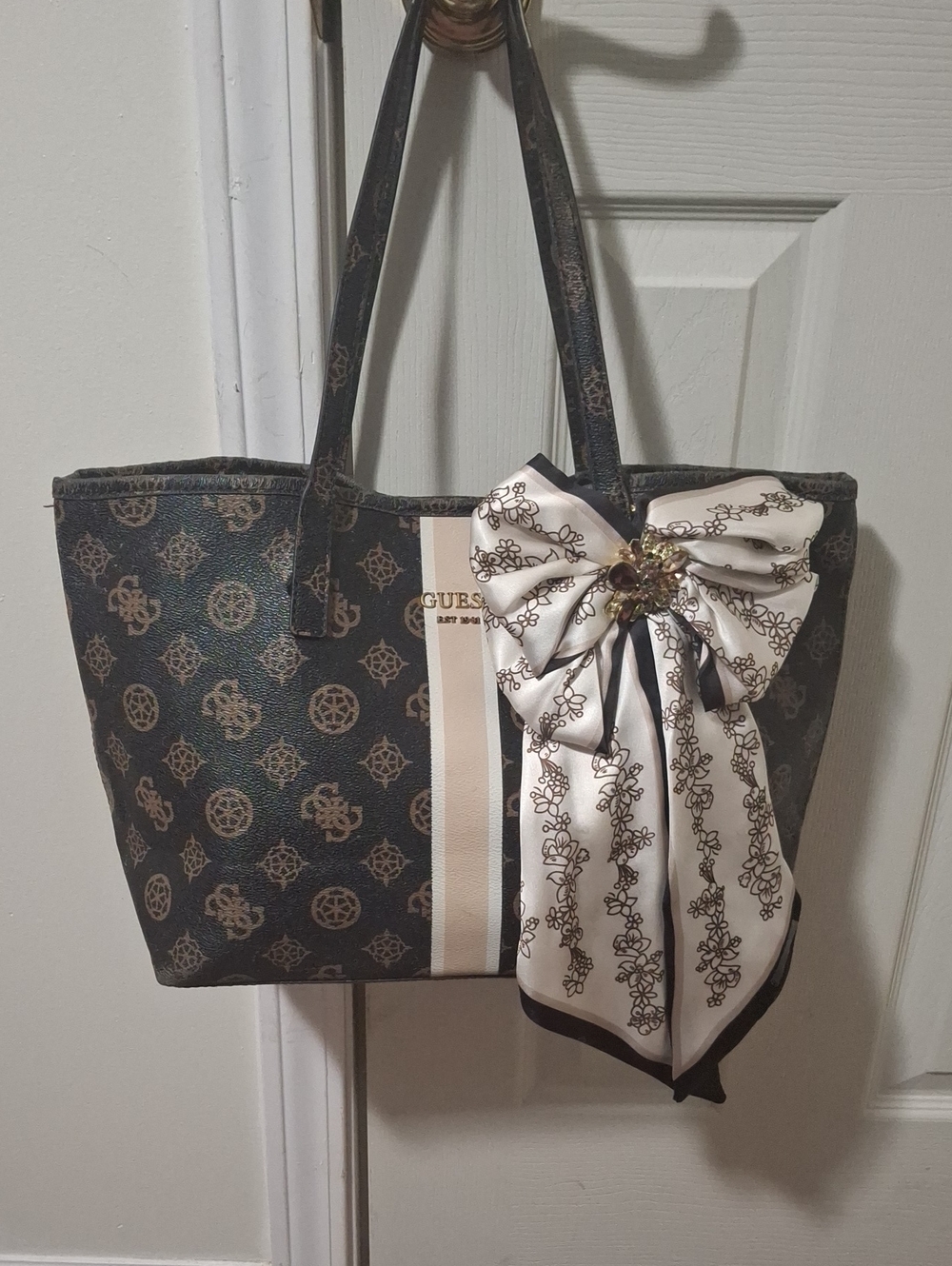 GUESS Brown & Cream Monogram Tote with Decorative Bow